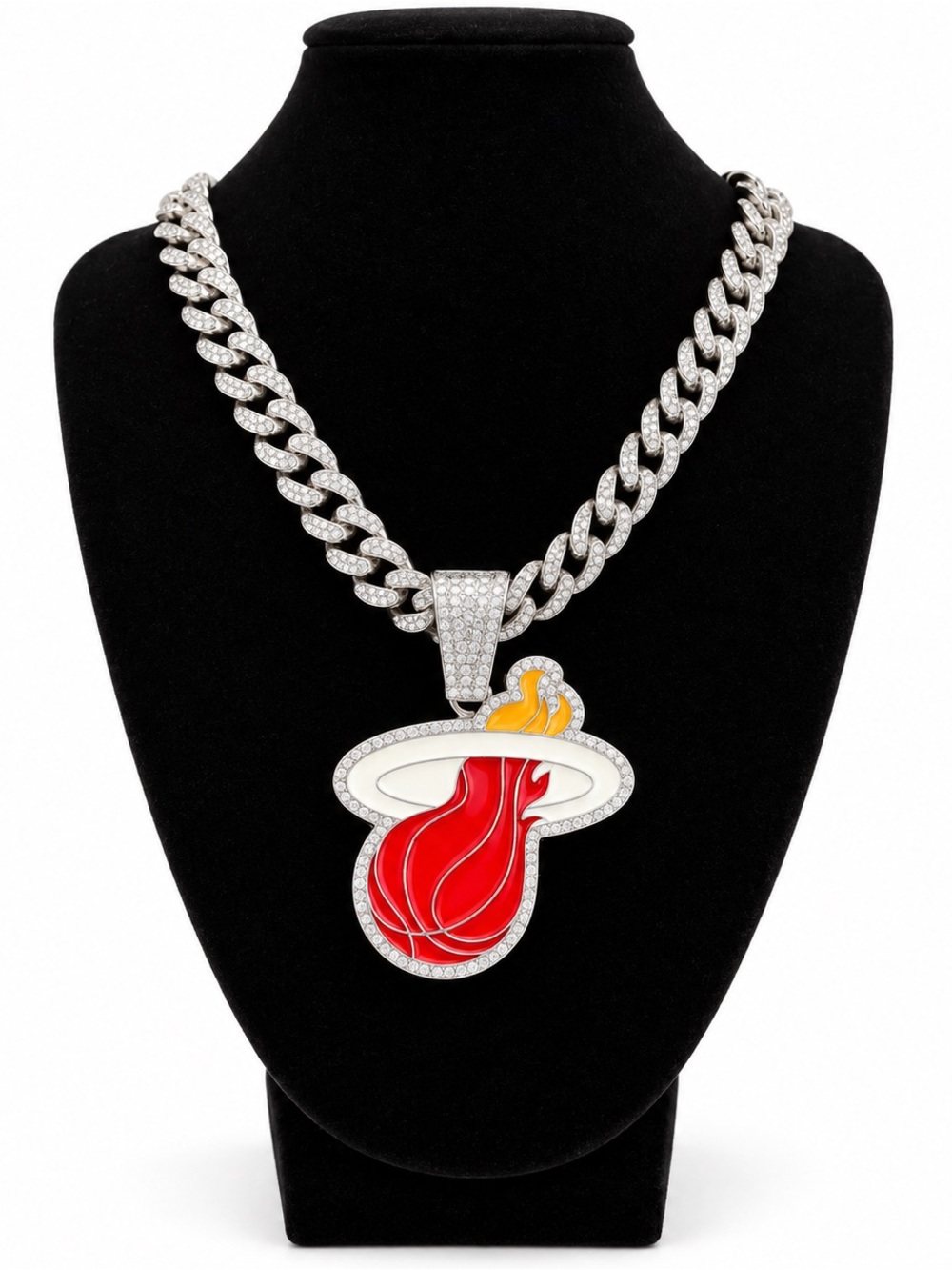 NBA Miami Heat Iced Pendant Silver Cuban Link Chain Basketball Necklace